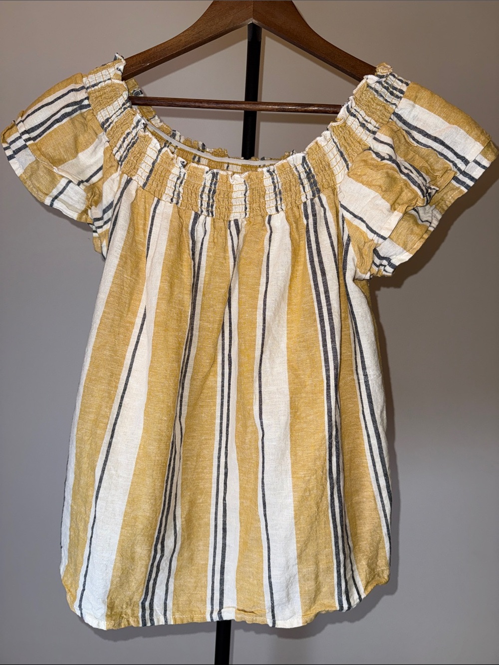 Purple Rain Mustard Yellow Striped Off-The-Shoulder Smocked Linen Blend Top | L
